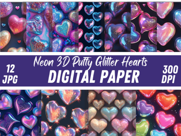 Download Neon 3D Puffy Glitter Hearts Patterns - Neon Collection
