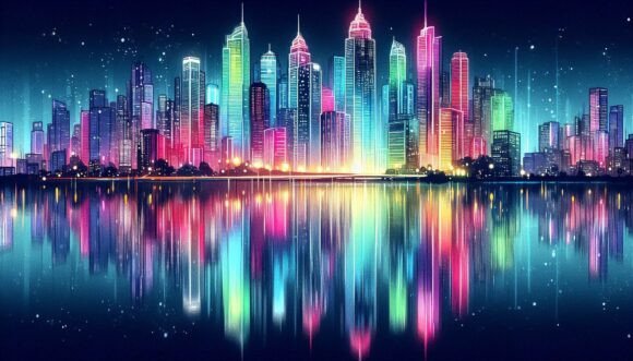 Download Neon Skyline Water Reflection - Neon Collection